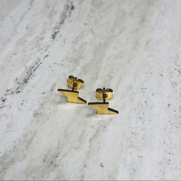 Stainless Steel Gold Lightning Bolt Earrings - Picture 2 of 15